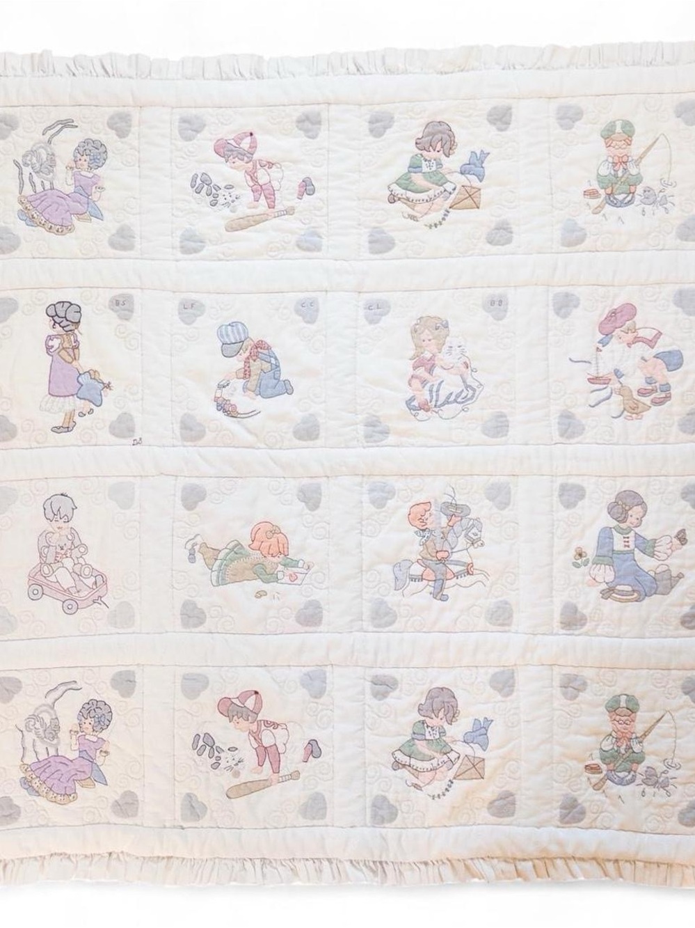 Vintage Handmade Embroidered Baby Quilt Blanket with Ruffle Trim